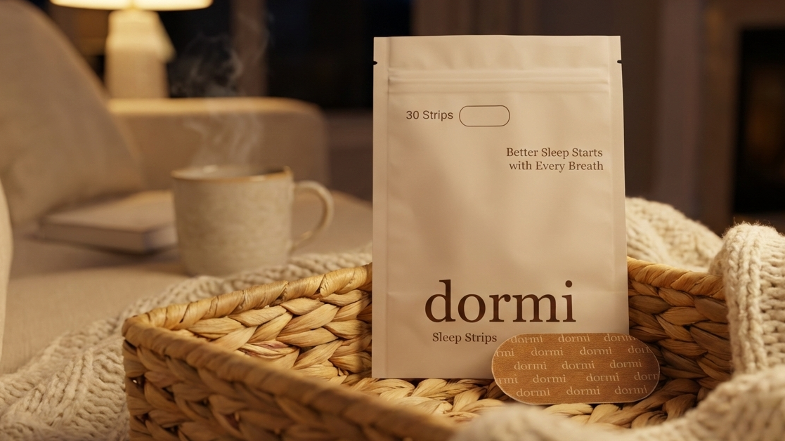 dormi sleep strips packaging on a woven basket with a cozy background