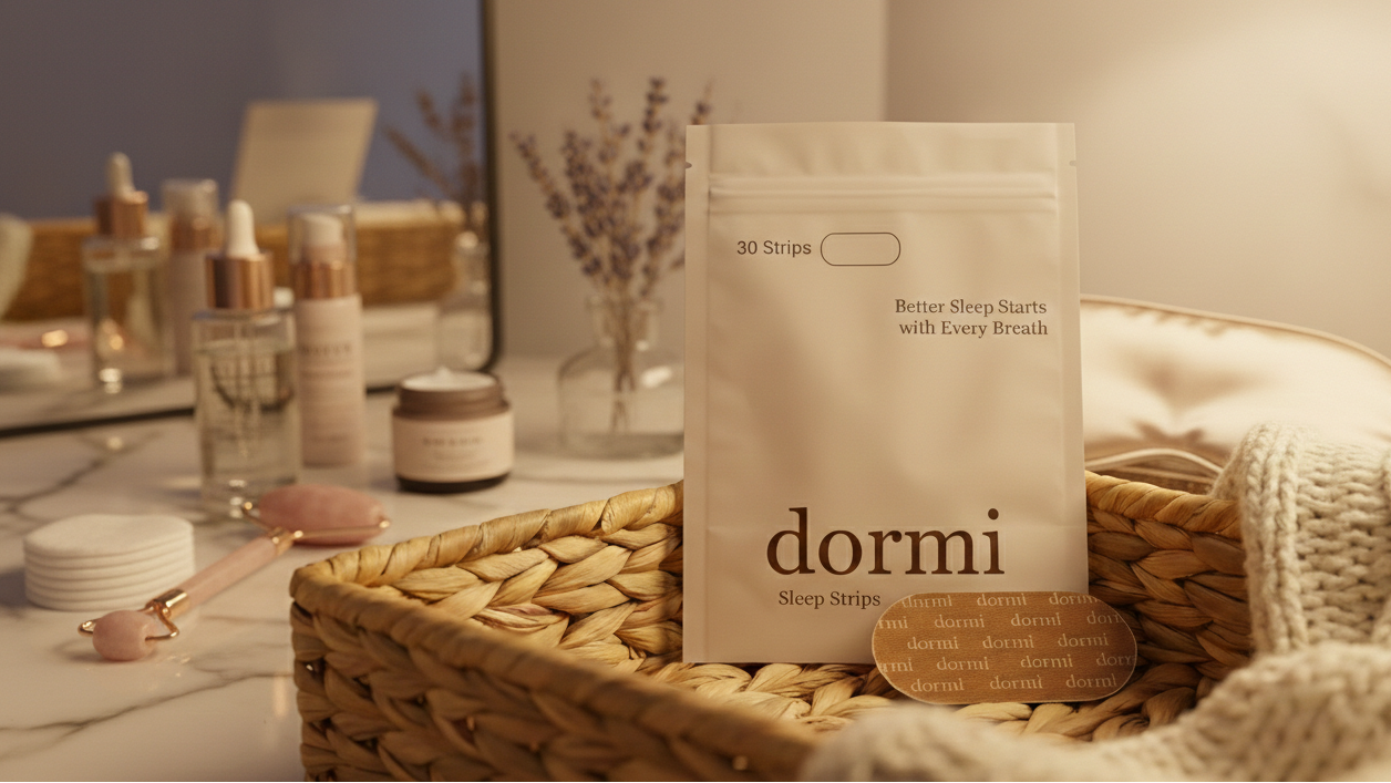 dormi sleep strips packaging on a table with skincare products